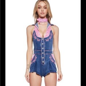 Sugar Thrillz Denim Blue and Pink Embroidered Halter Romper